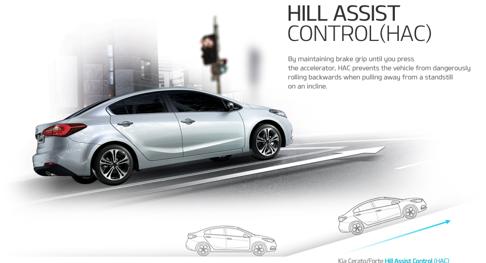 Hill Assist Control(HAC) - By maintaining brake grip until you press the accelerator, HAC prevents the vehicle from dangerously rolling backwards when pulling away from a standstill on an incline.