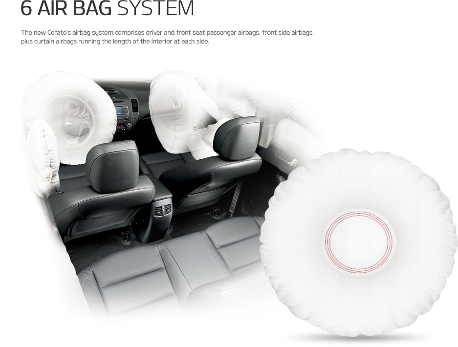 6 air bag SYSTEM - The new Cerato’s airbag system comprises driver and front seat passenger airbags, front side airbags, plus curtain airbags running the length of the interior at each side.